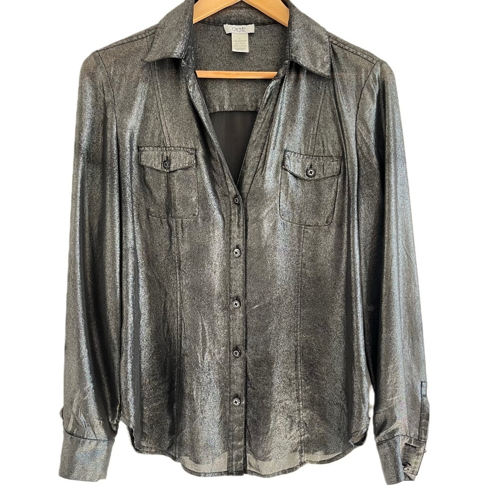 Cache Women’s Metallic LS Button Up Blouse Size Medium Sheer Y2K See Through